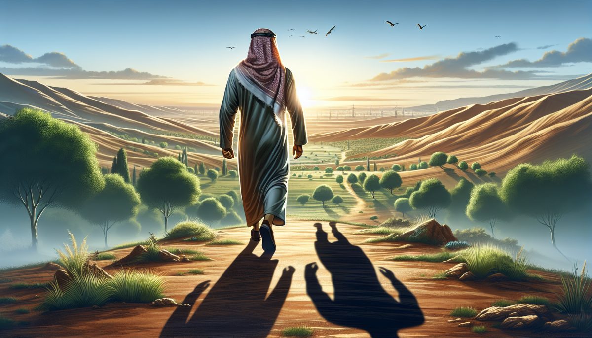 A person walking away from their shadow in a tranquil setting, symbolizing introspection and change.