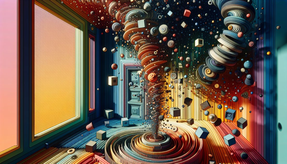 An abstract illustration of a spinning room with vibrant colors and shapes.