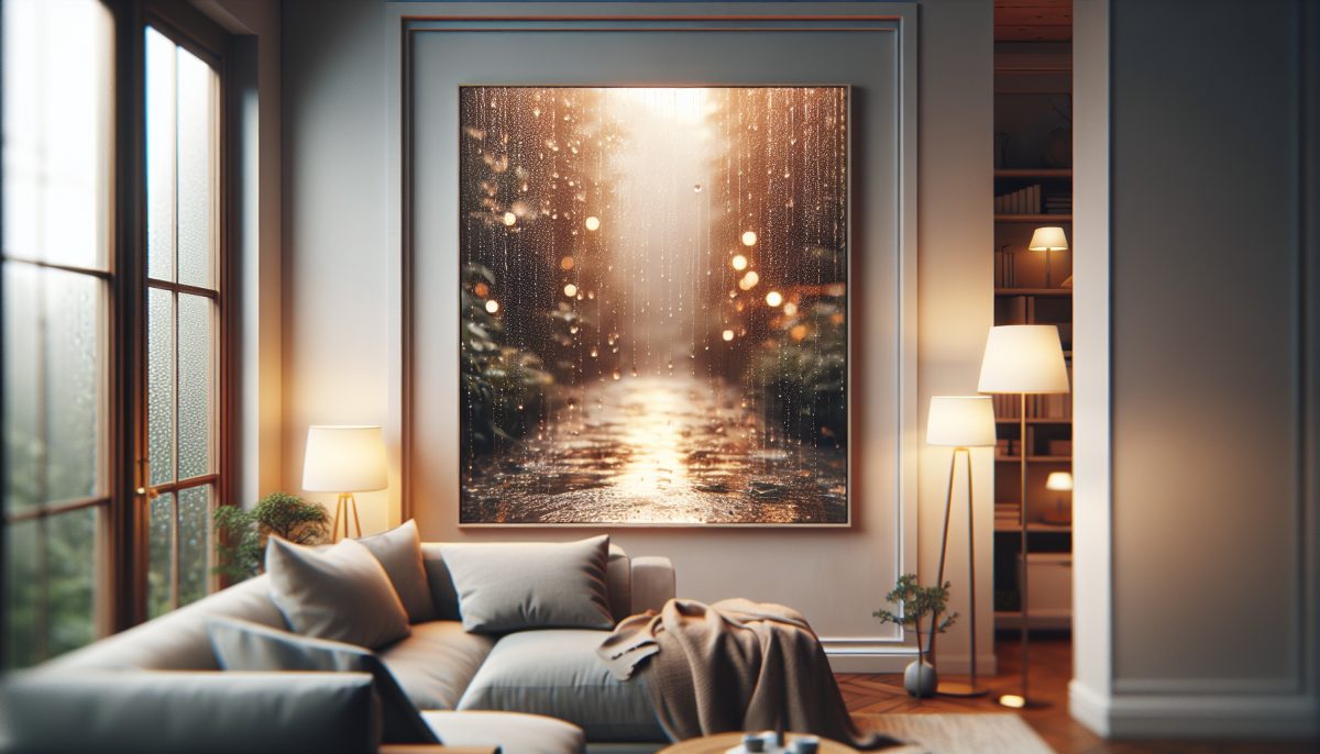 A calming indoor scene with soft rain falling against a window, evoking tranquility.