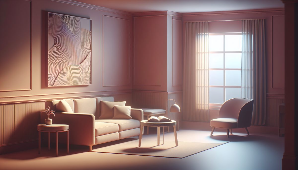 A serene room with softly pulsating walls, symbolizing introspection and calm