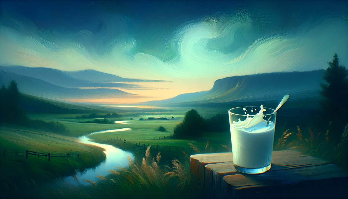 A glass of milk in a tranquil setting, symbolising nourishment and comfort.
