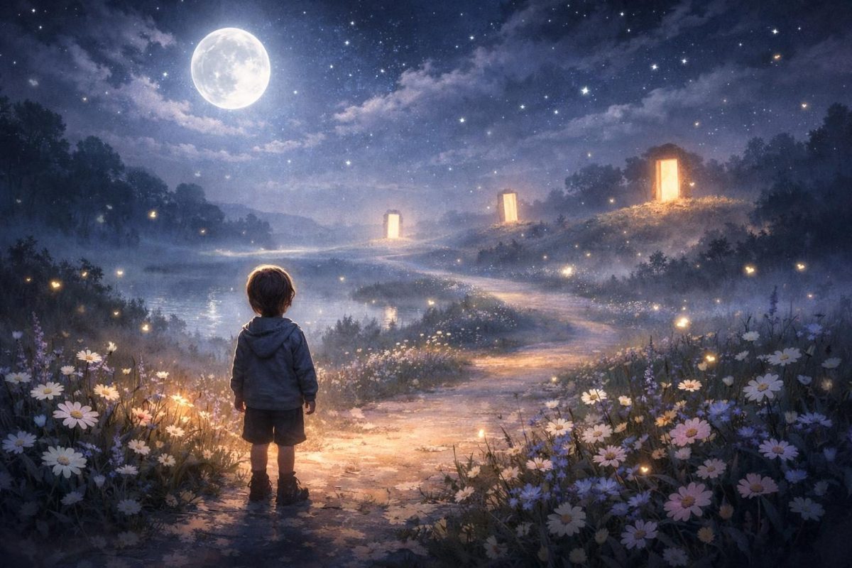 Symbolic illustration of an unknown child in a dreamlike landscape with moonlight and a glowing path