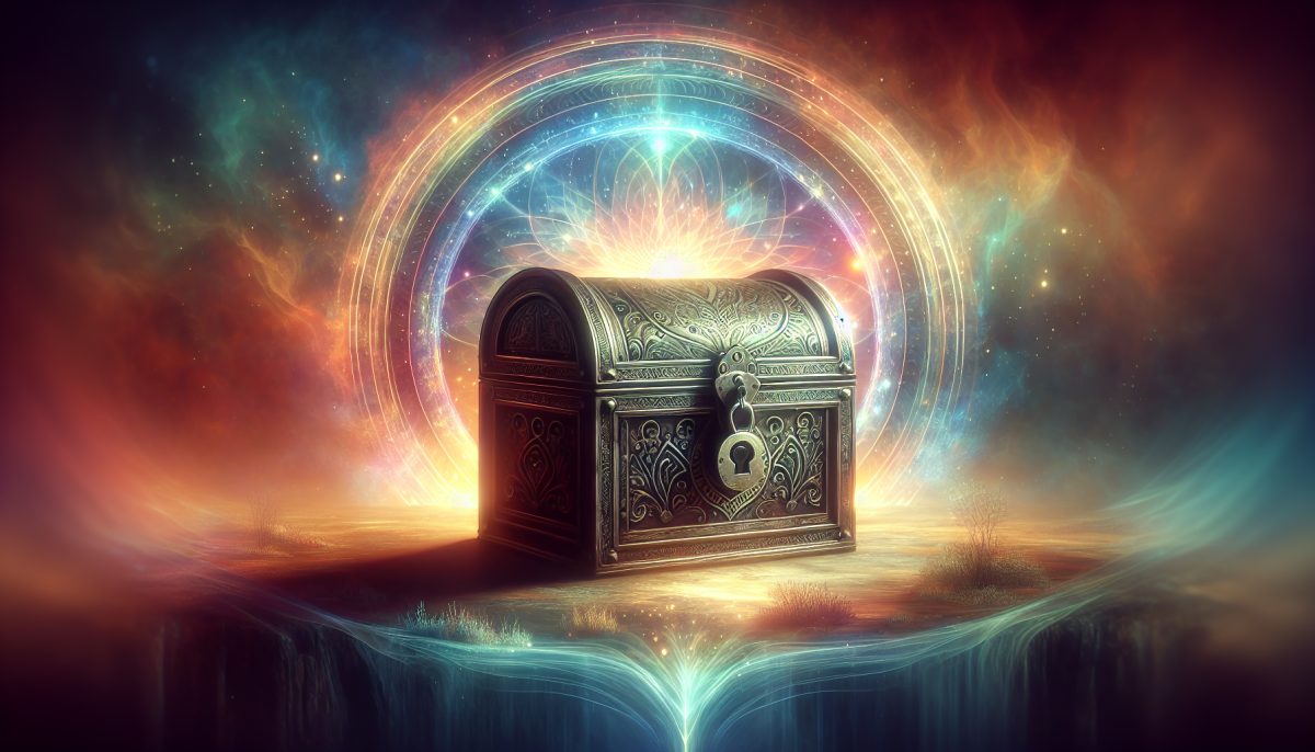 A mystical locked chest illuminated by soft light, symbolizing secrets, hidden emotions, and inner treasure.