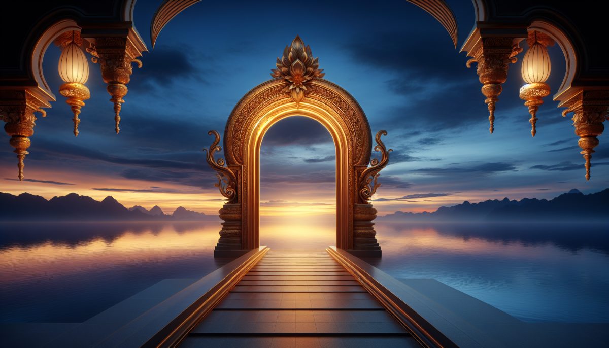 Majestic golden doors in a tranquil landscape, symbolizing opportunity and new beginnings.