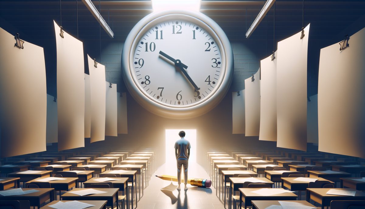 A symbolic illustration of a person in an exam room feeling unprepared beneath a large clock