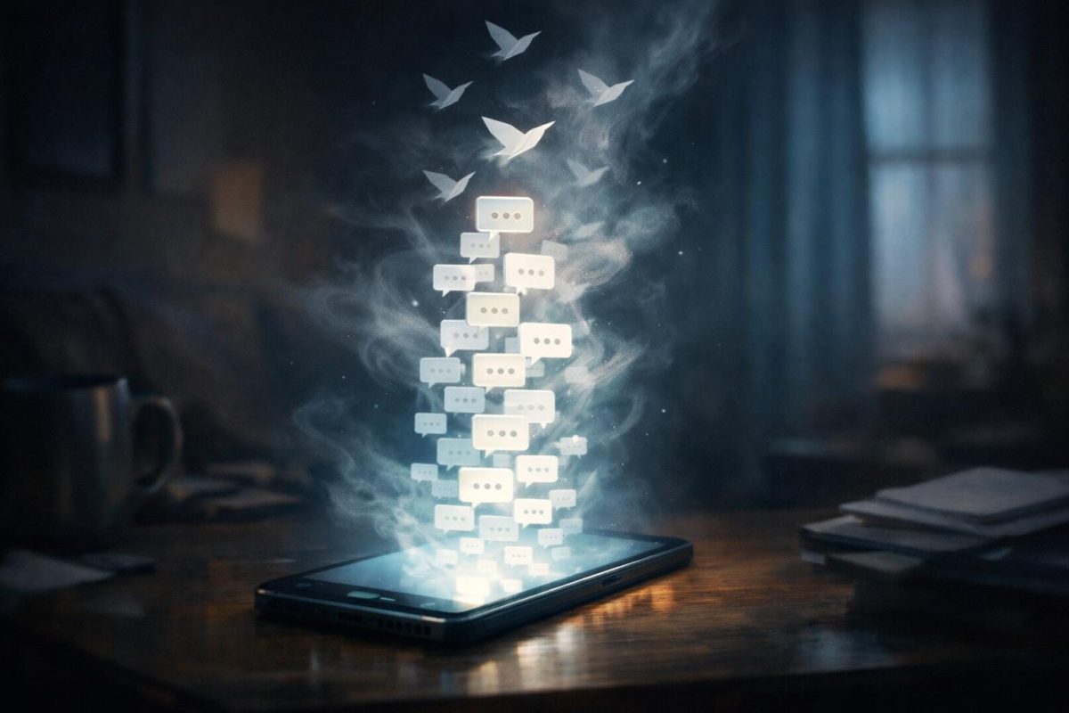 Symbolic illustration of a phone with many unread messages gathering in a calm, dimly lit space