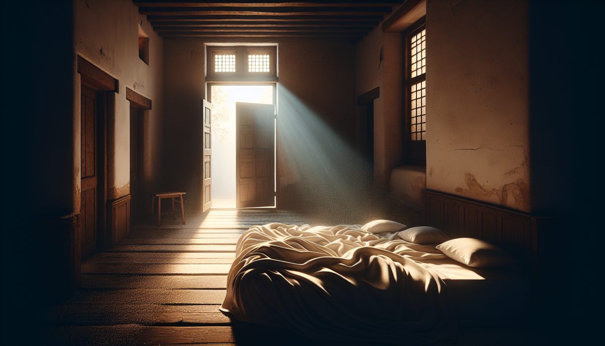 Symbolic illustration of an unused room with soft light through an open door and covered furniture