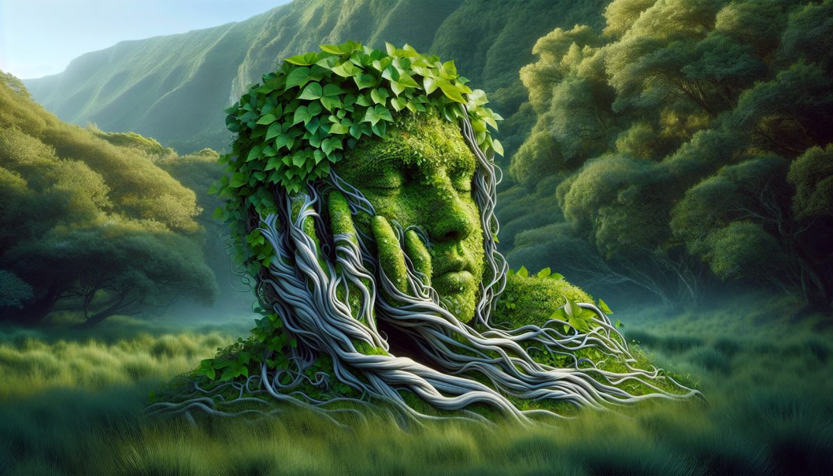 A figure surrounded by lush vines in a tranquil setting, symbolizing connection and entrapment.