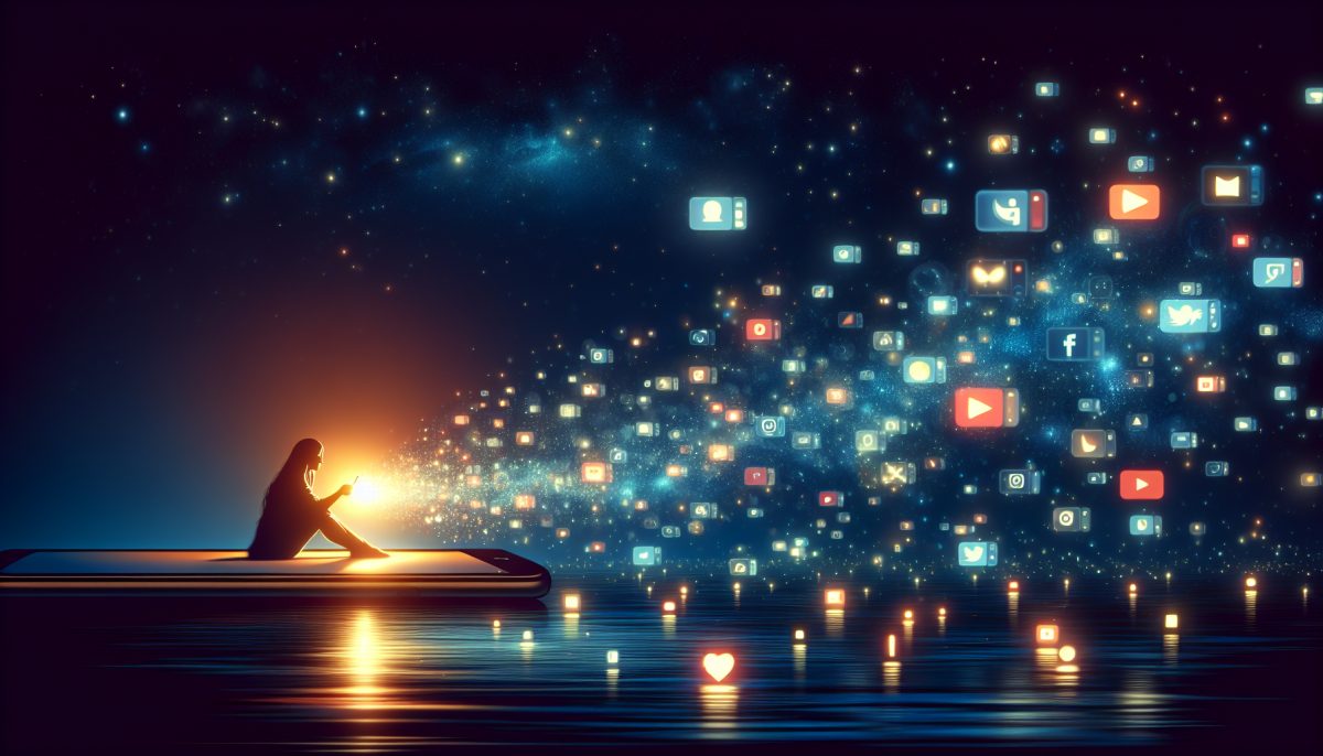 Symbolic illustration of a person facing a glowing phone as video frames spread outward, representing a dream about going viral.