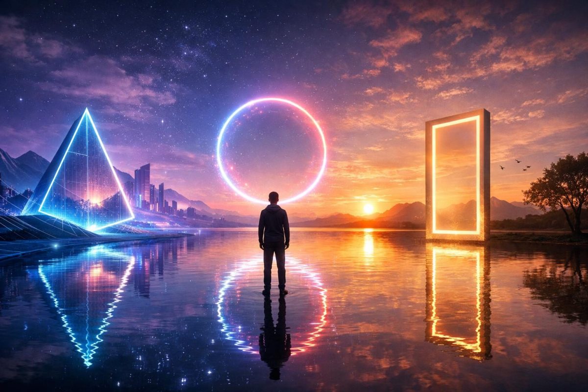 Symbolic illustration of a person facing a glowing virtual reality world with portals and a natural horizon