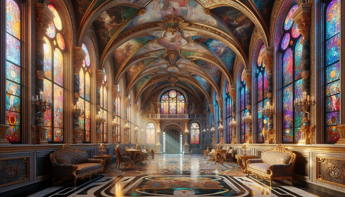 A grand castle interior with soft light filtering through stained glass windows, symbolizing dreams and introspection.