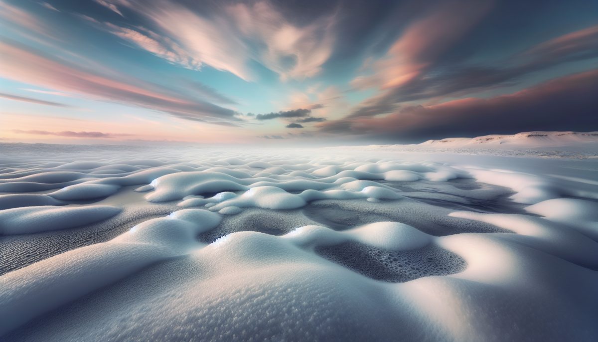 A dreamlike snowy landscape shifting into soft white foam, symbolising emotional change and release.