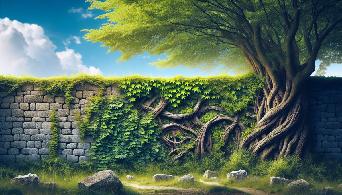 A quiet wall transforming into living green vines, symbolising growth, change, and nature reclaiming old boundaries.