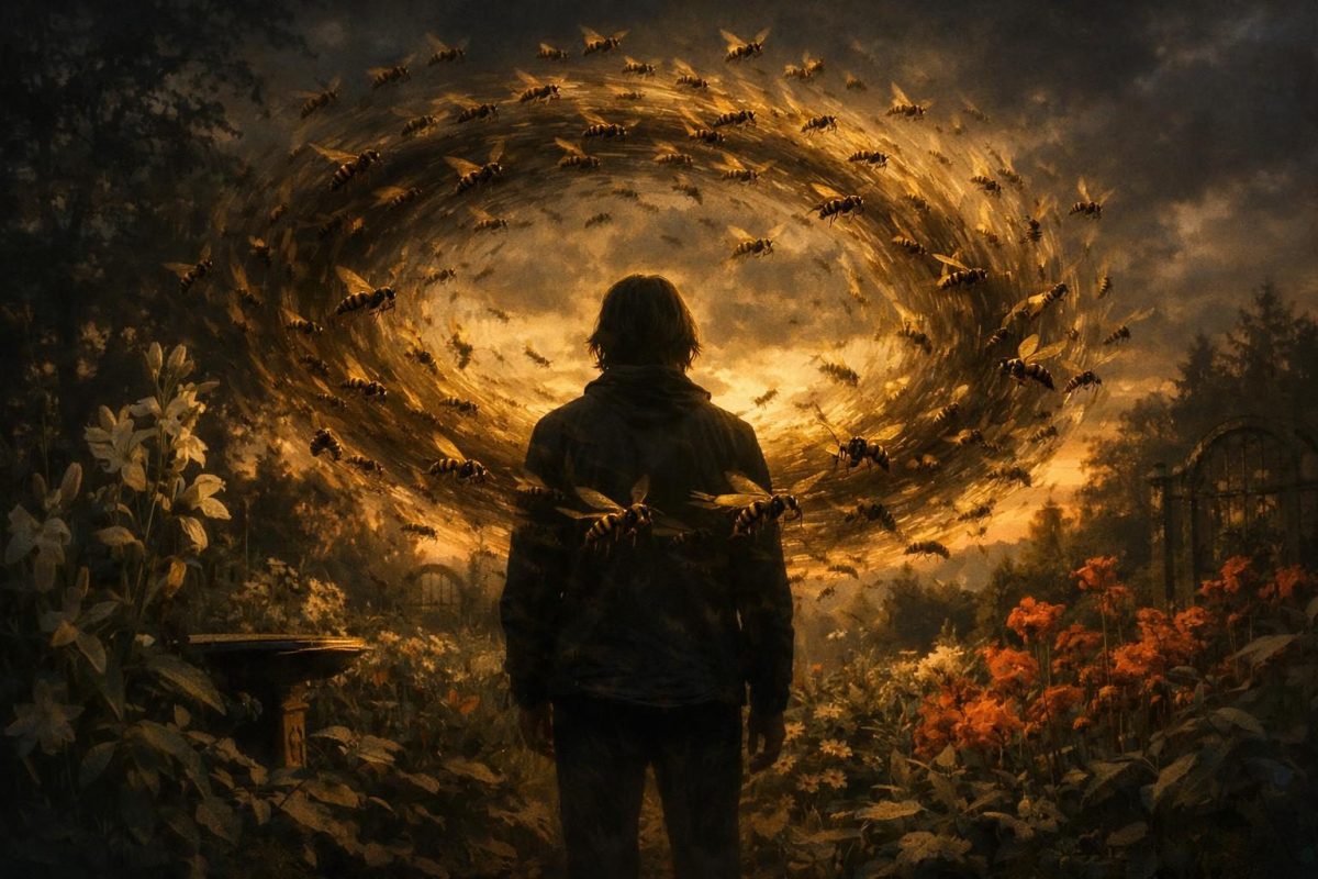 Symbolic illustration of a person surrounded by wasps in a twilight garden, representing pressure and conflict