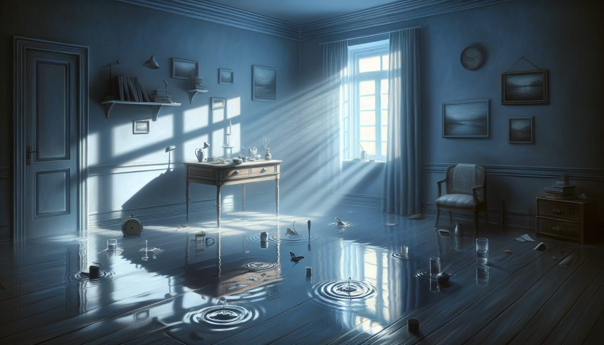 Symbolic illustration of a room filling with rising water under soft moonlight
