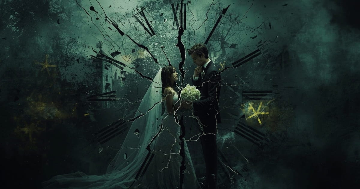 Symbolic illustration of a wedding ceremony going wrong with scattered flowers, a tipped cake, and stormy skies.