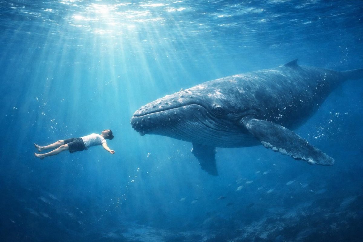 A calm person in the ocean with a large whale swimming peacefully beside them under soft blue light.