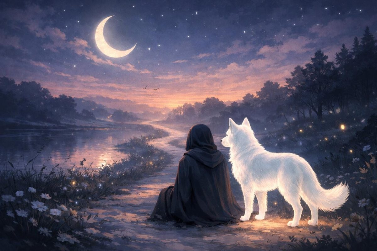A white dog standing protectively beside a person in a calm dreamlike landscape at twilight