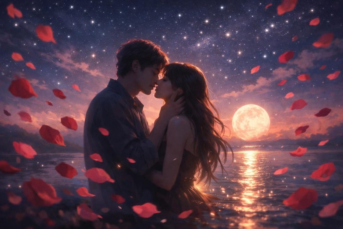 Symbolic illustration of two dreamy figures sharing a near-kiss under stars and moonlight