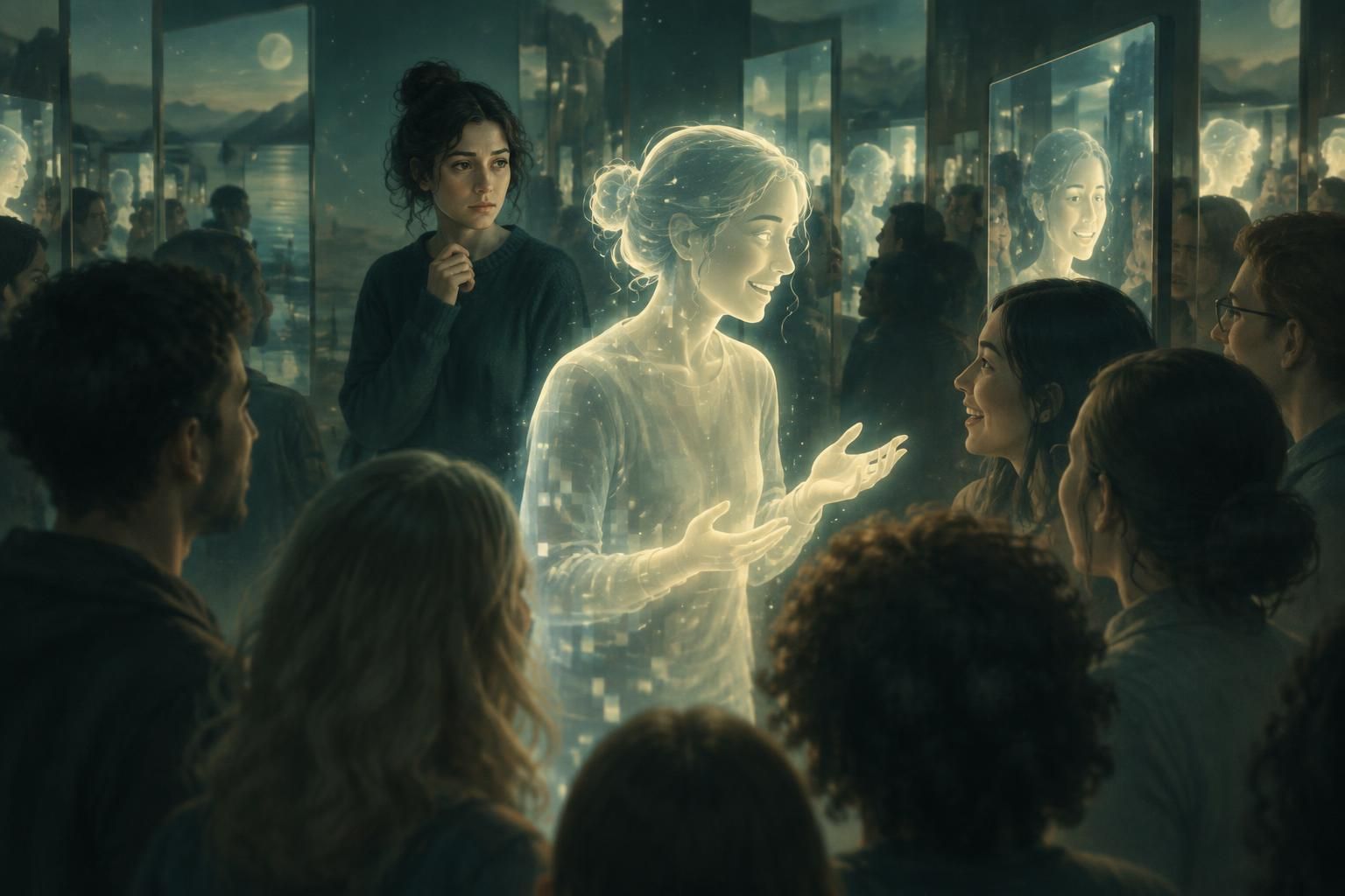 A person watches their digital avatar take their place in front of others, suggesting questions about identity, image, and authenticity.