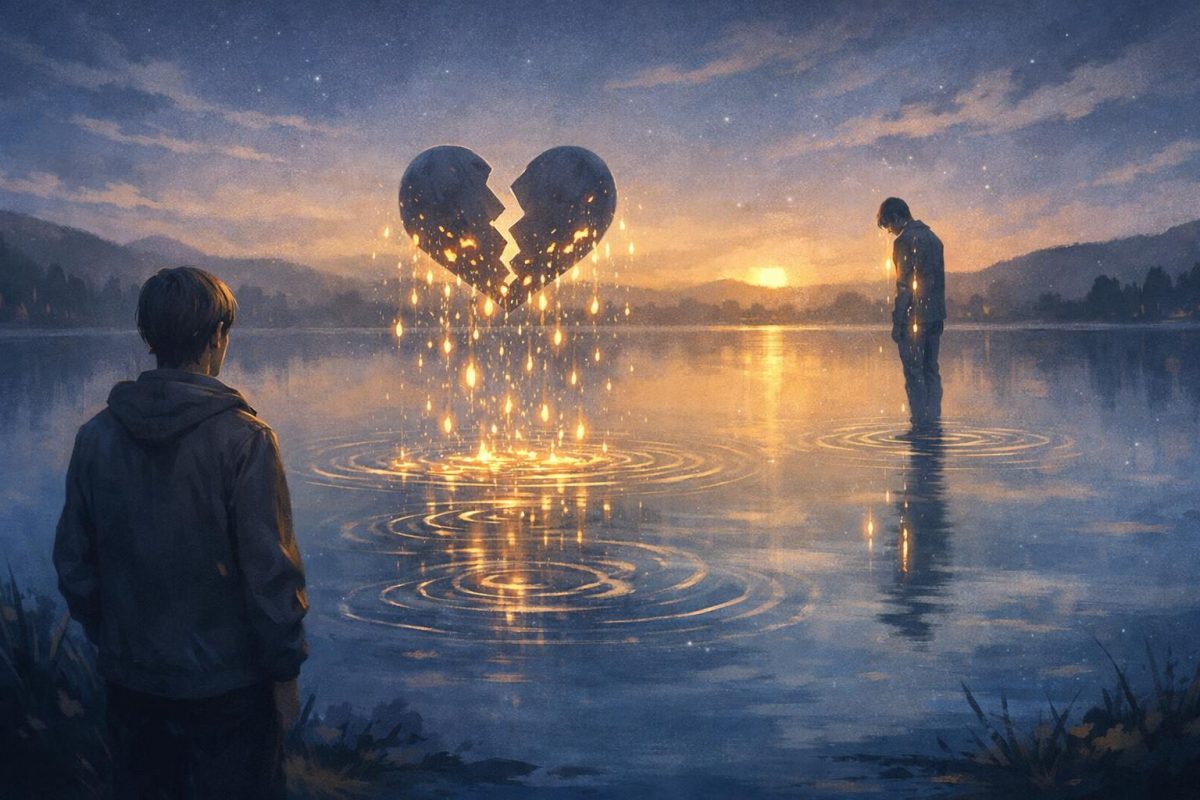 Symbolic illustration of someone seeing their ex crying in a dreamlike twilight setting