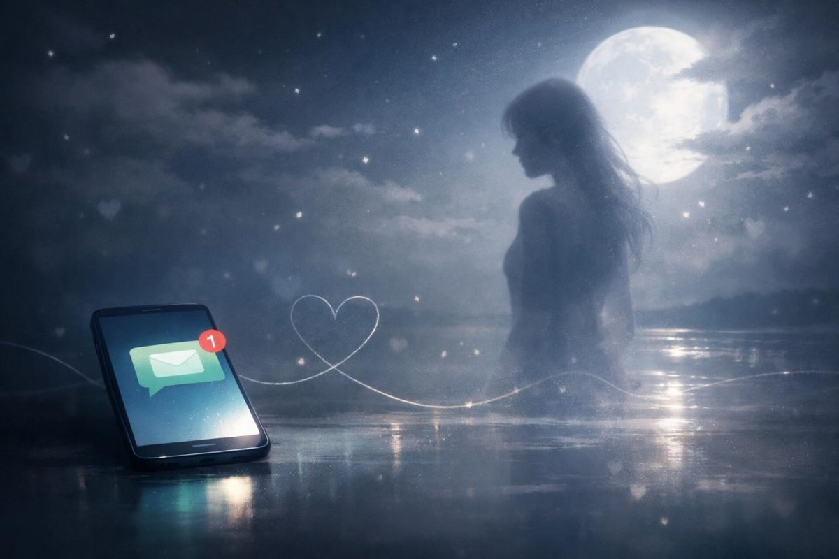 Symbolic illustration of a phone with a message from an ex beside a fading figure in a moonlit setting