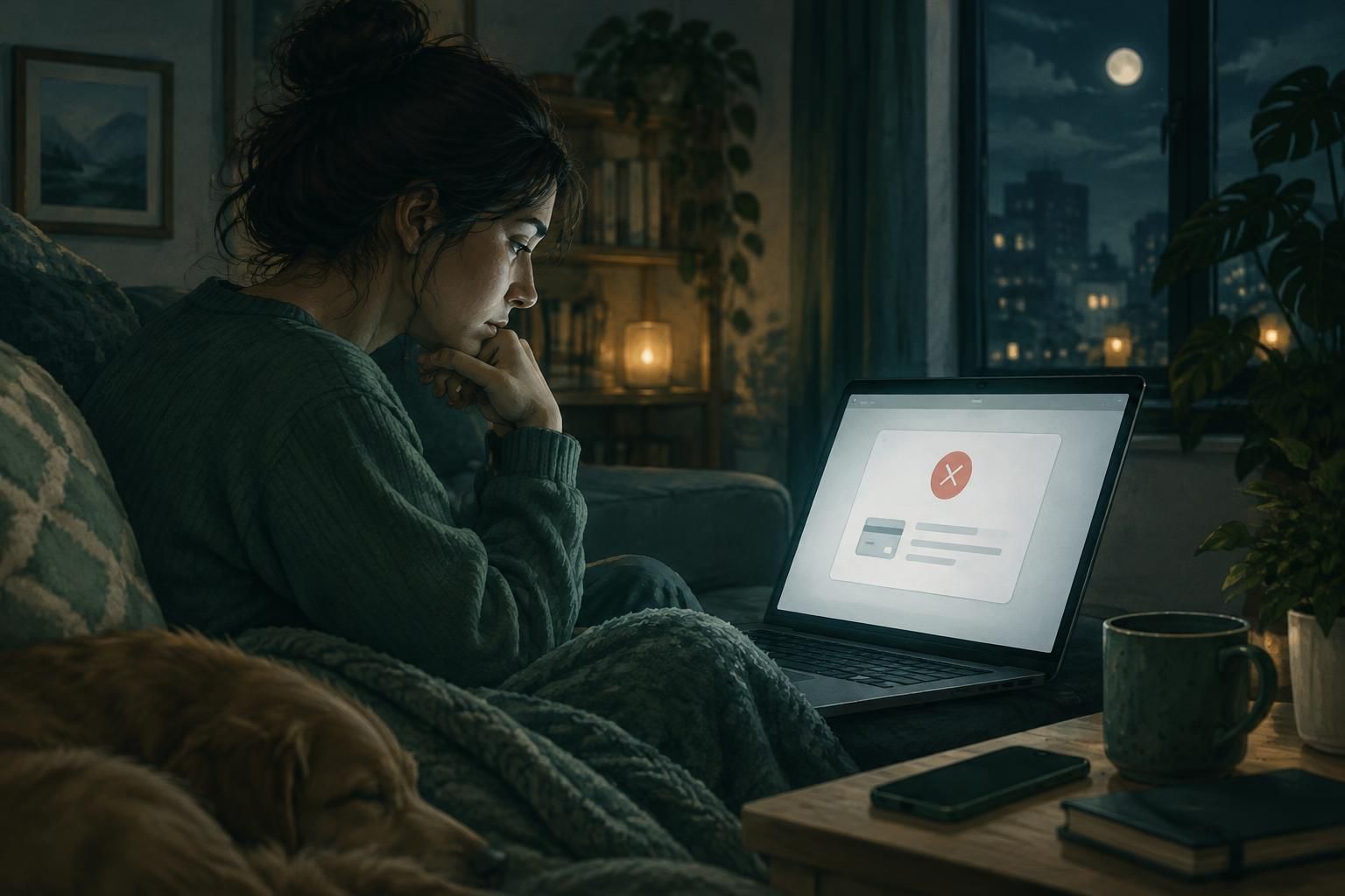Person at home looking at a device after an online payment is declined, appearing thoughtful and slightly stressed.