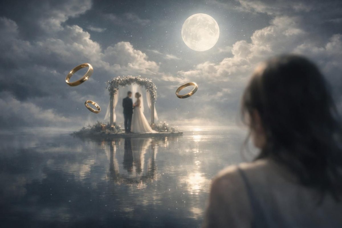Symbolic dreamlike wedding scene showing someone watching their partner marry another person in the distance